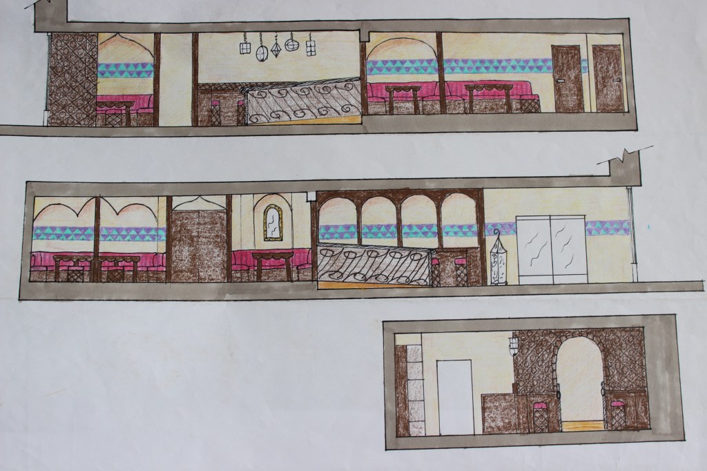 Design Concept 2 Section Views which show the golden sandy coloured walls, dark wooden trellises and arches, deep red fabric furnishings, hanging lanterns and colorful Islamic art style mosaic border detail.