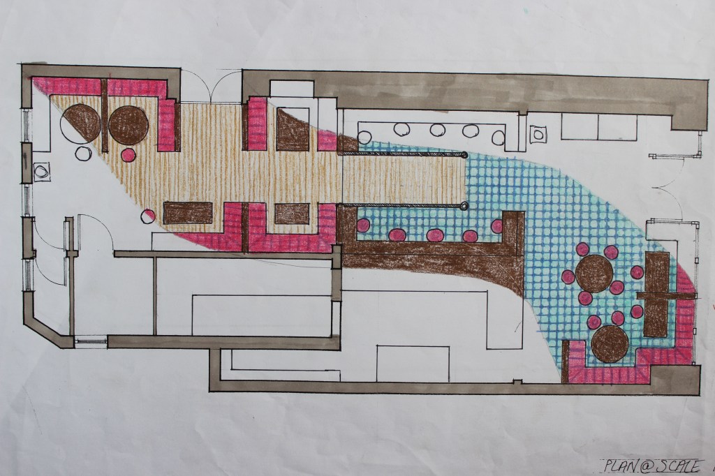 Design Concept 2 Plan View with wooden floored booth seating area towards the back of the cafe, counter seating area around the ramp up to the back area and some booth and table seating areas towards the front of the cafe. The front of the cafe would have blue Moroccan style tiled floor and large rectangular serving area to the side of the kitchen.