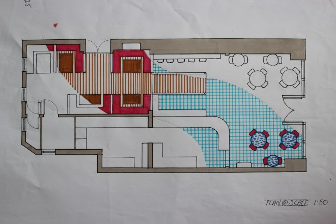Plan View of Final Design Concept. Toned down from last design with a lot more white and also mosaic table tops.