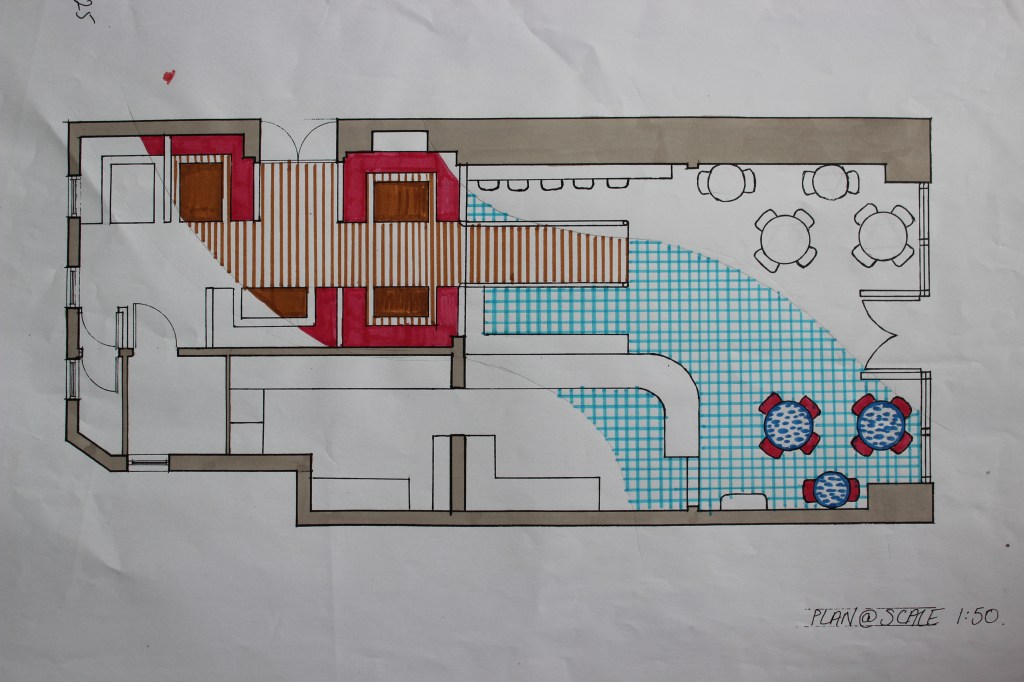 Plan View of Final Design Concept. Toned down from last design with a lot more white and also mosaic table tops.
