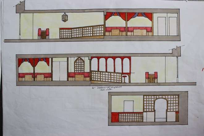 Section Views of Final Design Concept with gold Moroccan style screens to section of quieter booth seating area to rear and also as a unique design on the front of the counter.