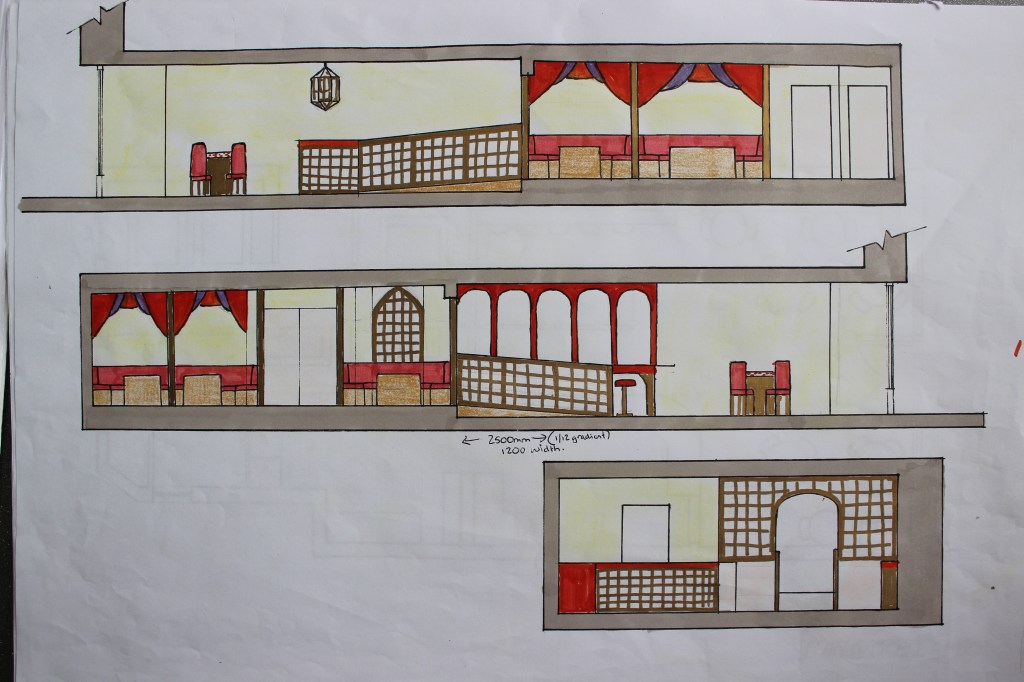 Section Views of Final Design Concept with gold Moroccan style screens to section of quieter booth seating area to rear and also as a unique design on the front of the counter.