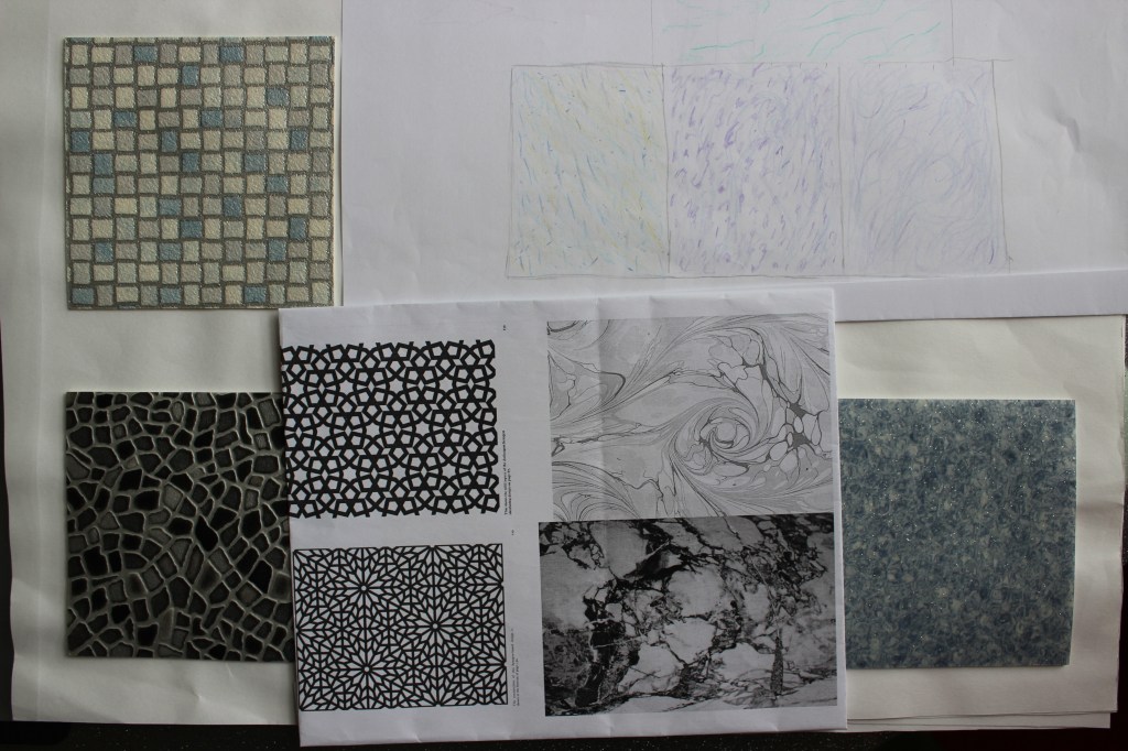 Materials I could use in my cafe design including marble flooring, mosaic tiles & Islamic patterned screens.
